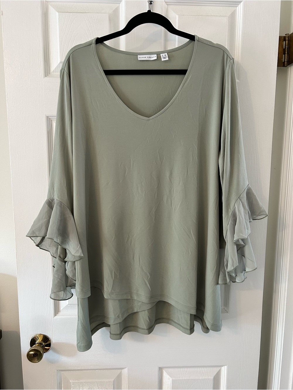 Susan Graver Sage Green V-Neck Ruffle-Sleeve Tunic